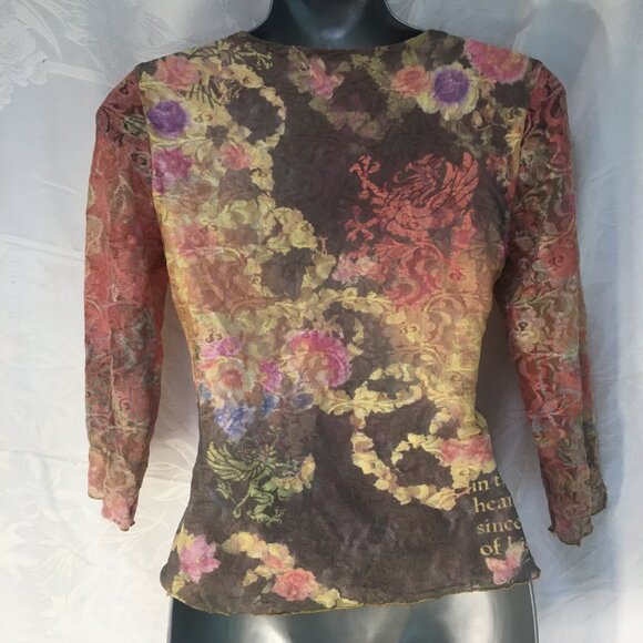 Women's Sz S Shirt Top 90s Lace Crop Reversible Floral Black Bohemian Y2K Fairy - Picture 14 of 16